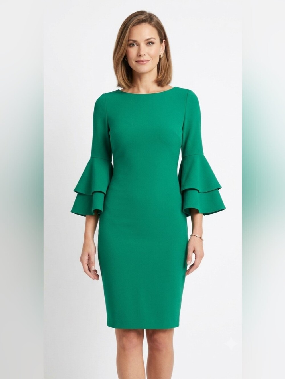 Calvin Klein Emerald Ruffle-Sleeve Sheath Dress Size 2